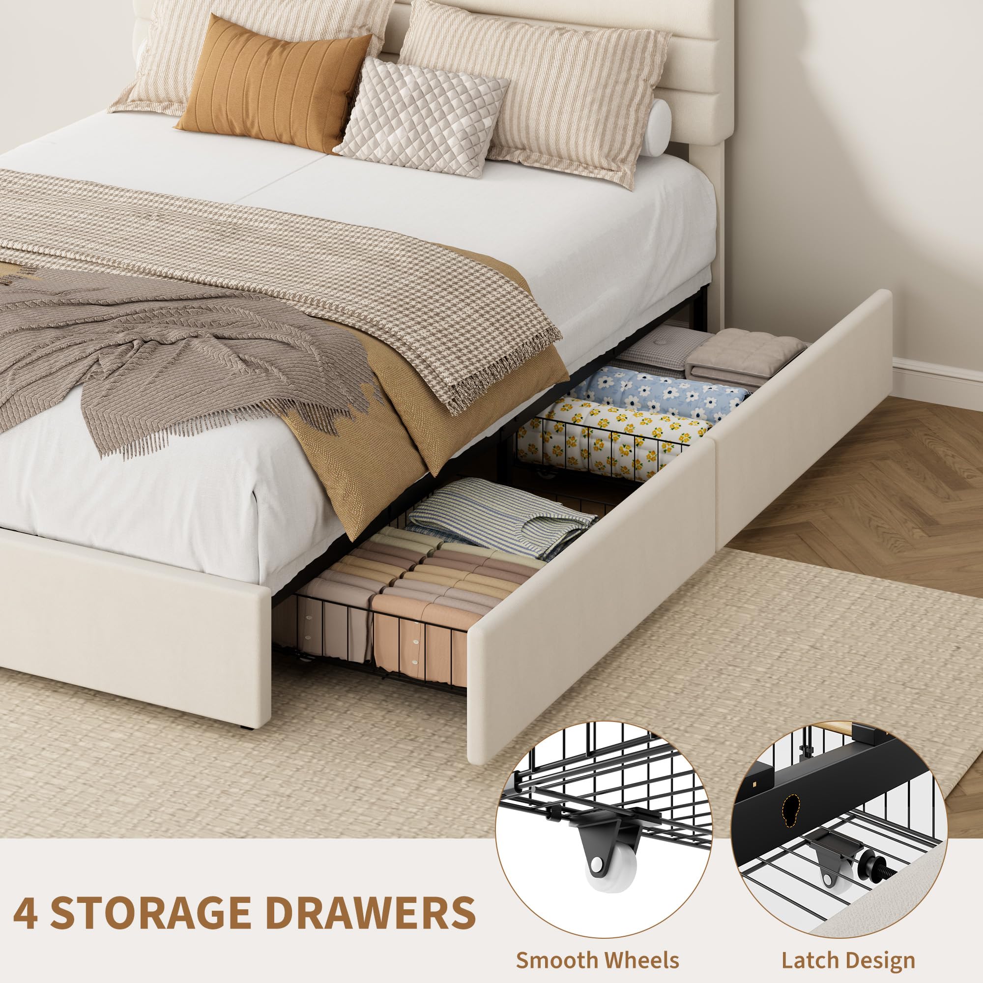 4 Under-Bed Storage Drawers on Smooth Wheels with Secure Latch Design for Easy Organization