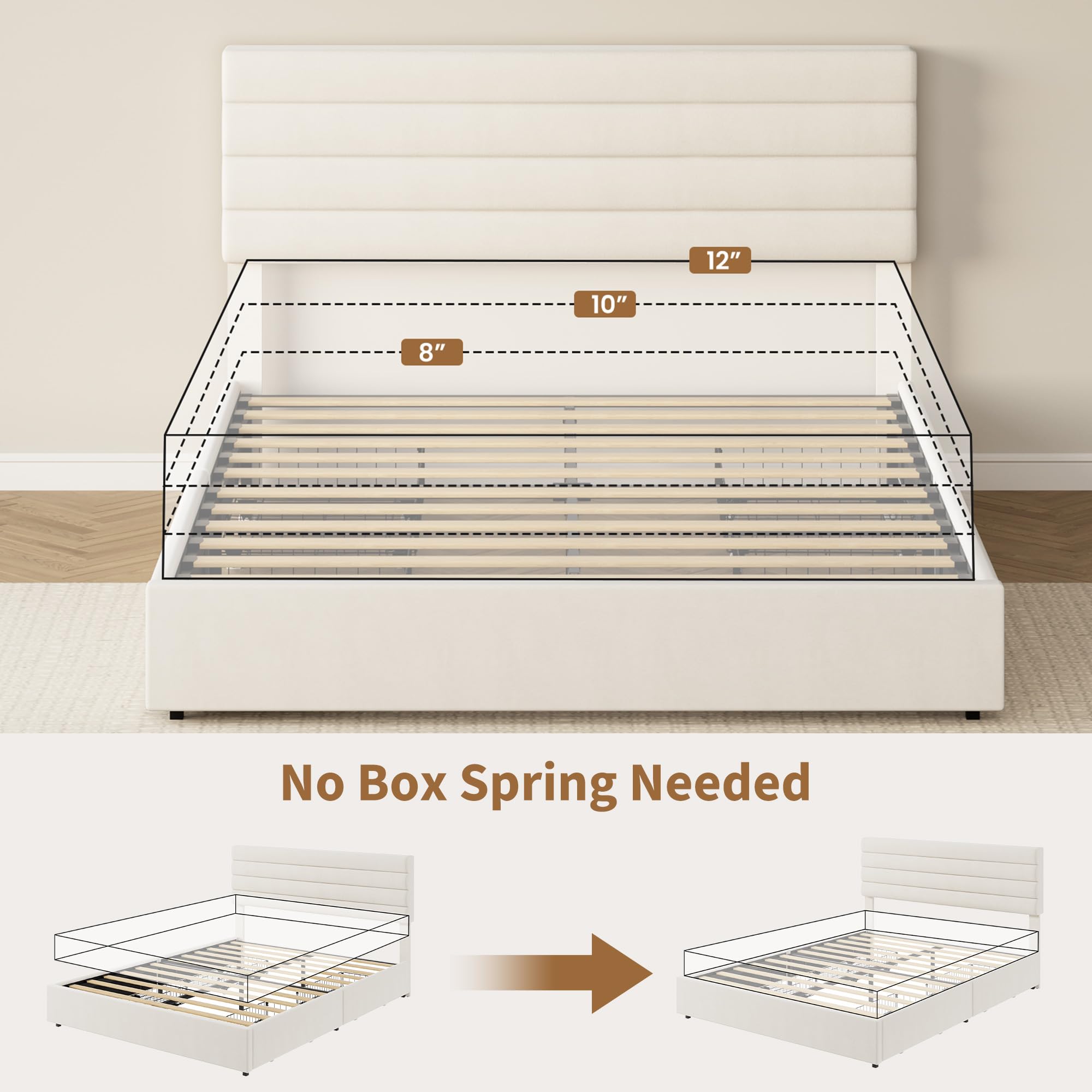 No Box Spring Needed - Wooden Slats Support 8-12 Inch Mattresses Directly
