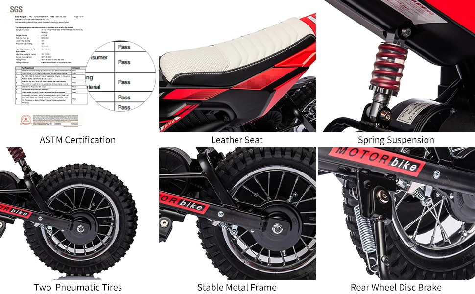 ASTM Certification, Leather Seat, Spring Suspension, Pneumatic Tires, Metal Frame, and Rear Disc Brake