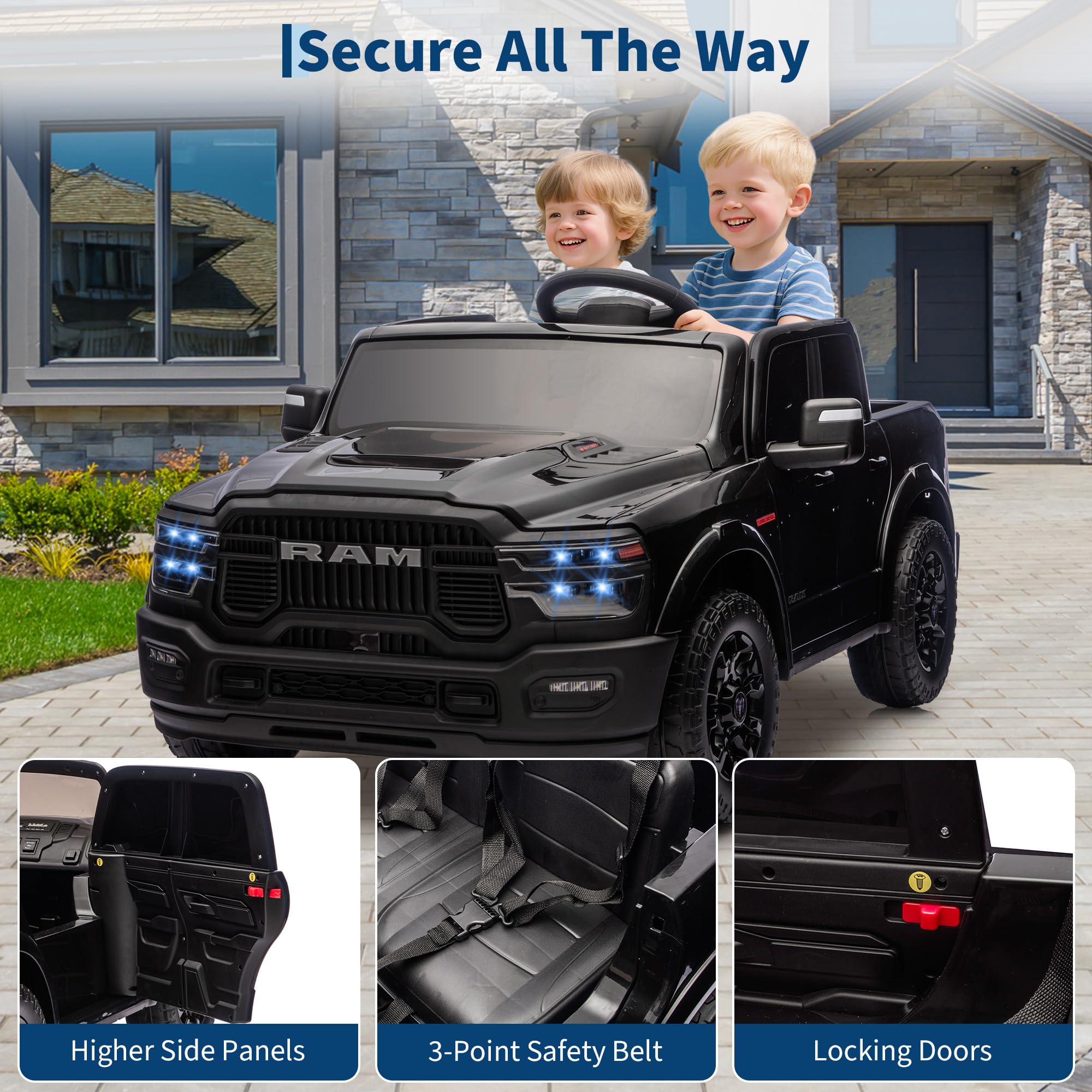 Secure All The Way with Higher Side Panels, 3-Point Safety Belt, and Locking Doors