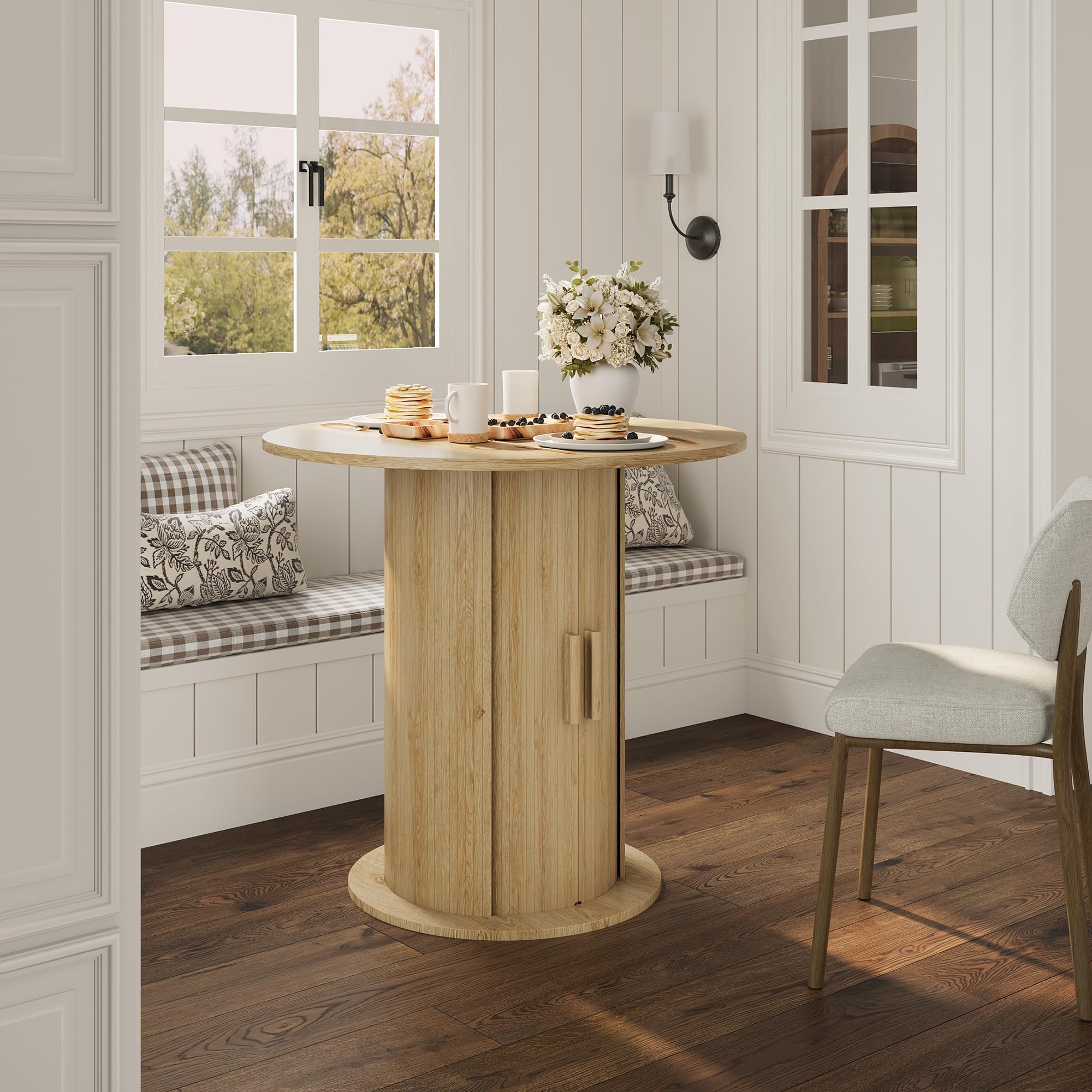 Modern Round Dining Table with Hidden Storage Cabinet - PHK_38QWYBYD
