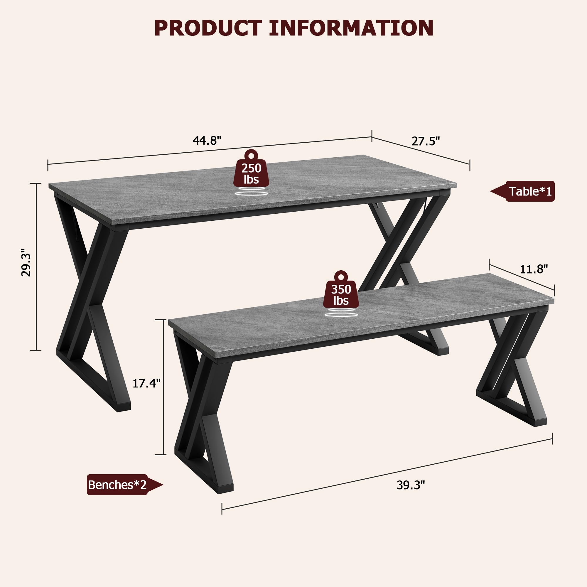 Product Information - 3 Piece Dining Table Set with Benches Detailed Dimensions and Weight Capacity