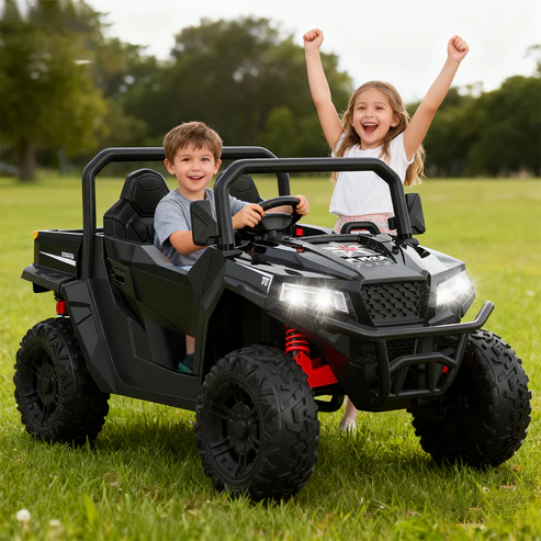Kids Having Pure Fun in Black 2-Seater Ride On Car