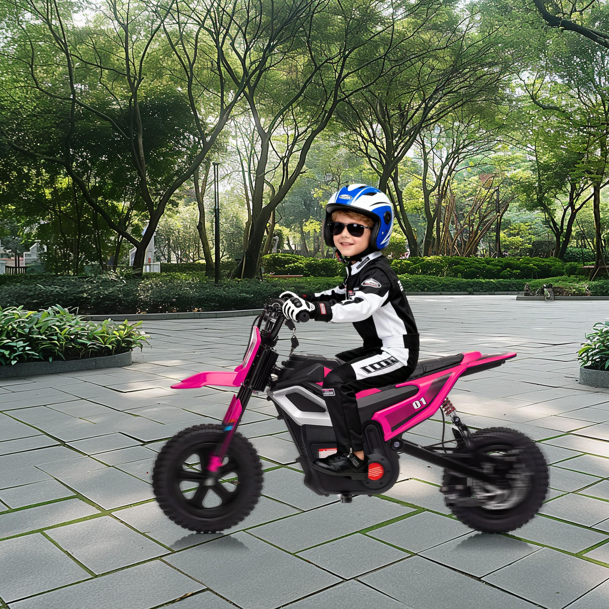 Full Gear Motocross Kid Riding Electric Dirt Bike Outdoors