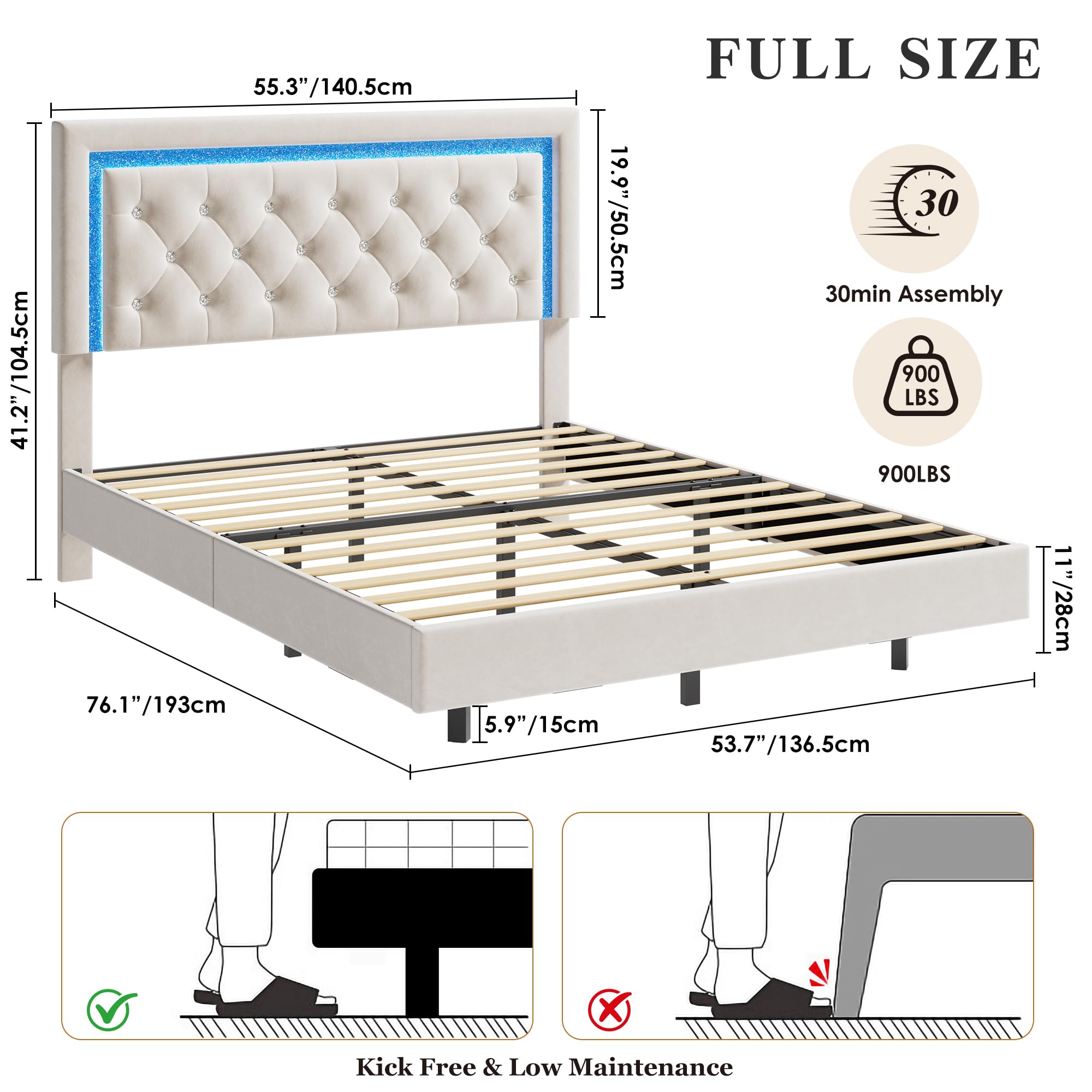 Full Size Bed Frame Dimensions 76.1 x 55.3 x 41.2 Inch, 900 LBS Capacity, 30 Min Assembly