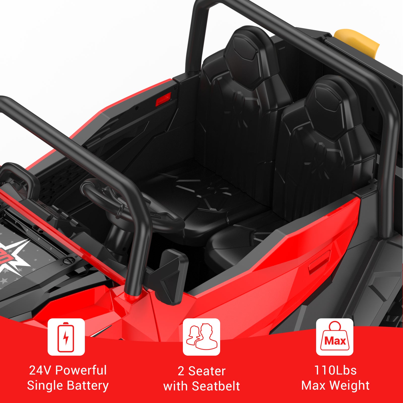 24V Powerful Single Battery, 2 Seater with Seatbelt, 110Lbs Max Weight