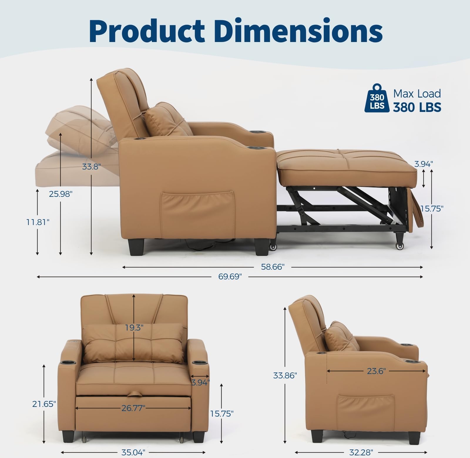 Product Dimensions - 3-in-1 Sleeper Chair Dimensions and 380 LBS Max Load Capacity